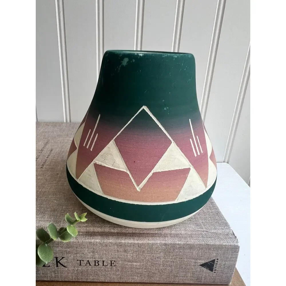 Vintage Sioux Native American Pottery Vase Signed Blue Green Pink Flare Bottom